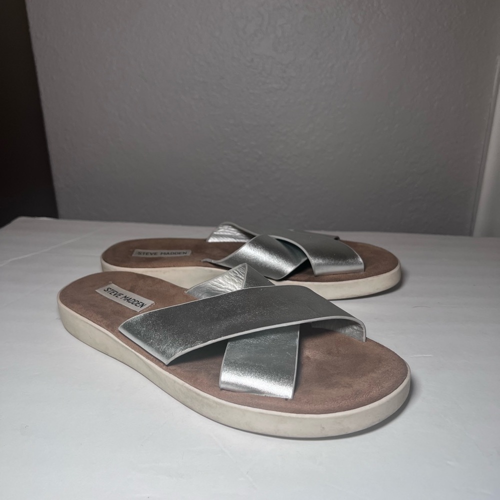 Steve Madden Percy Leather Slip On Sandals Metallic Silver Women Size 8.5 M